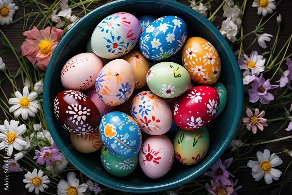 Fototapeta premium easter eggs in a basket, eastereggs in a nest