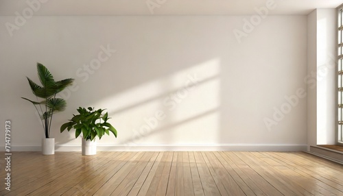 interior of modern living room with empty walls wooden floor plants and sunlight 3d mockup 