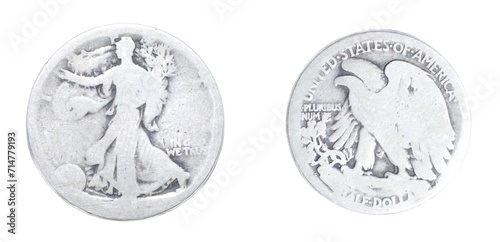 old vintage worn Walking Liberty half dollar is a silver 50 cent piece or half dollar coin that was issued by the United States S Mint from 1916 to 1947 front and back isolated on white background