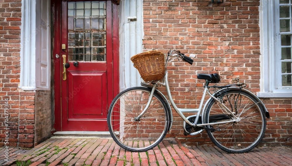 vintage bicycle with retro wicker basket parked in front of a house brick wall next to a bright red door