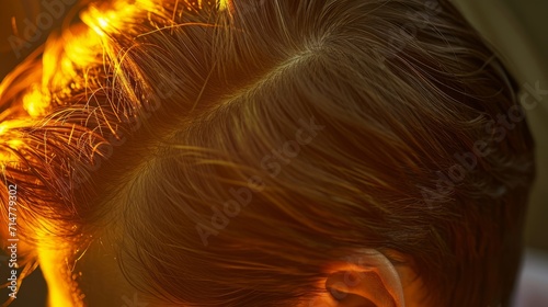 A close-up of a man head hair loss hair line with warm golden light.