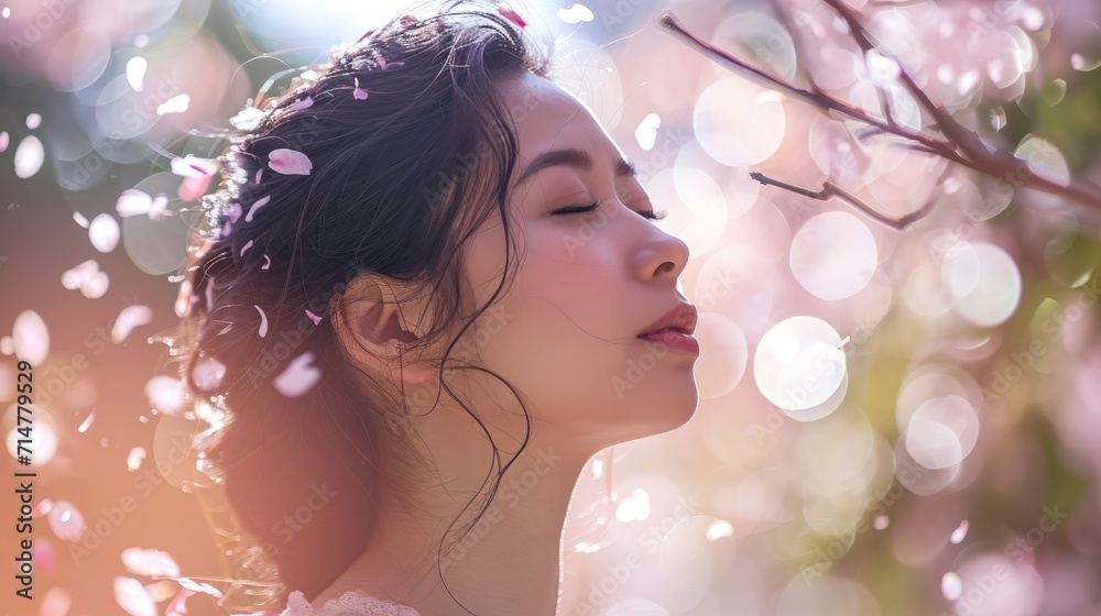 an asia wowan closing eye in the park with sakura blossoming flowers an asia wowan closing eye in the park with sakura blossoming flowers