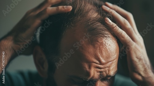 a man experiencing hair loss running his fingers through balding scalp. photo