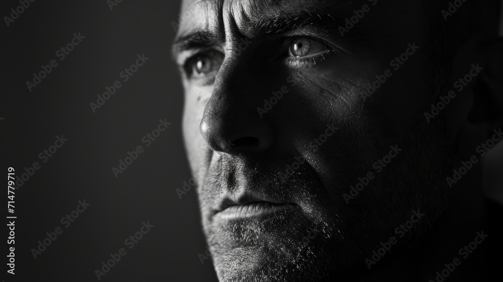 A close-up of a man serious face grayscale tone dark background A close-up of a man serious face grayscale tone dark background