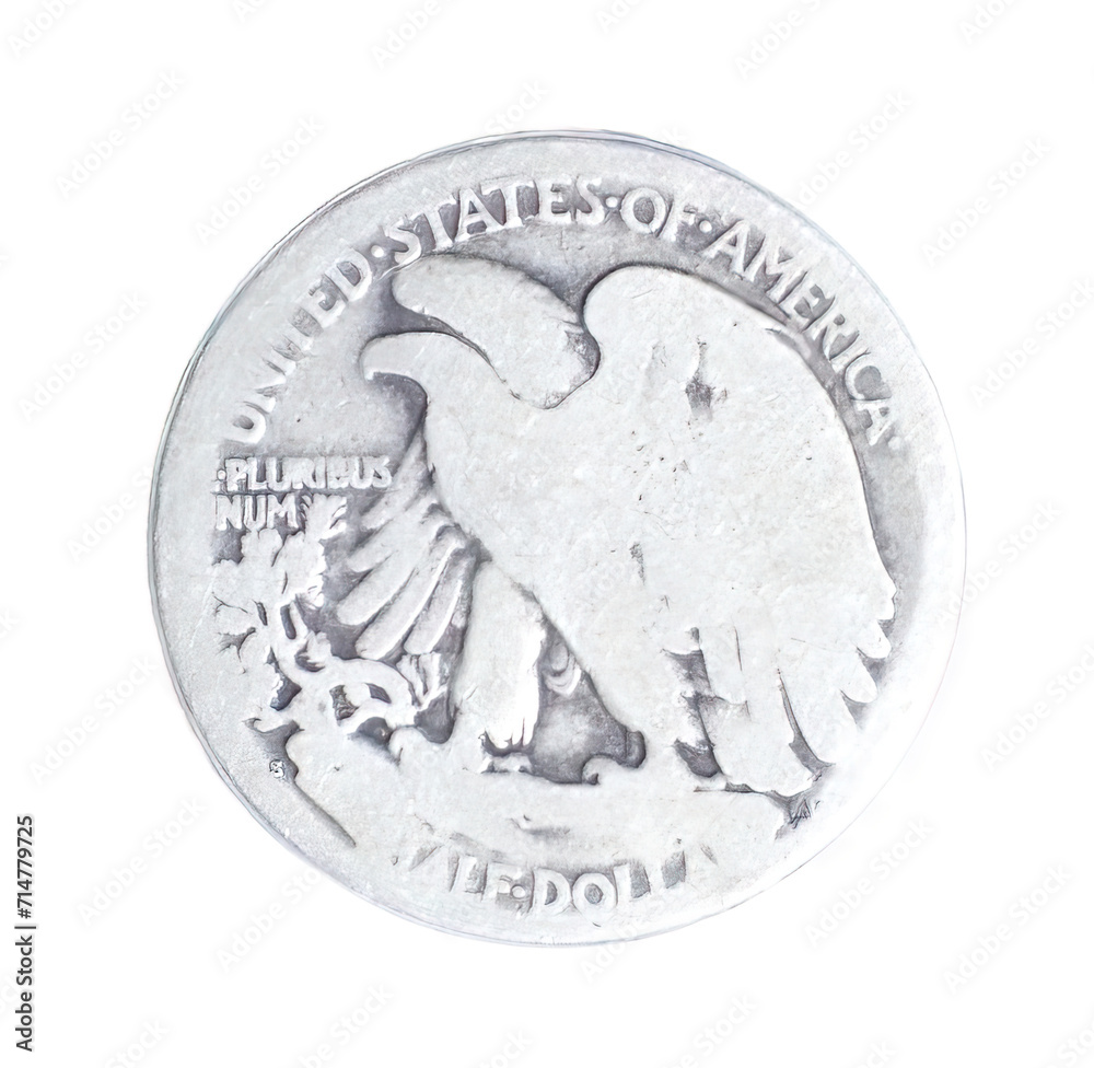 old vintage worn Walking Liberty half dollar is a silver 50 cent piece or half dollar coin that was issued by the United States S Mint from 1916 to 1947 reverse back view isolated on white background
