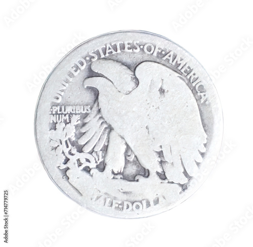 old vintage worn Walking Liberty half dollar is a silver 50 cent piece or half dollar coin that was issued by the United States S Mint from 1916 to 1947 reverse back view isolated on white background