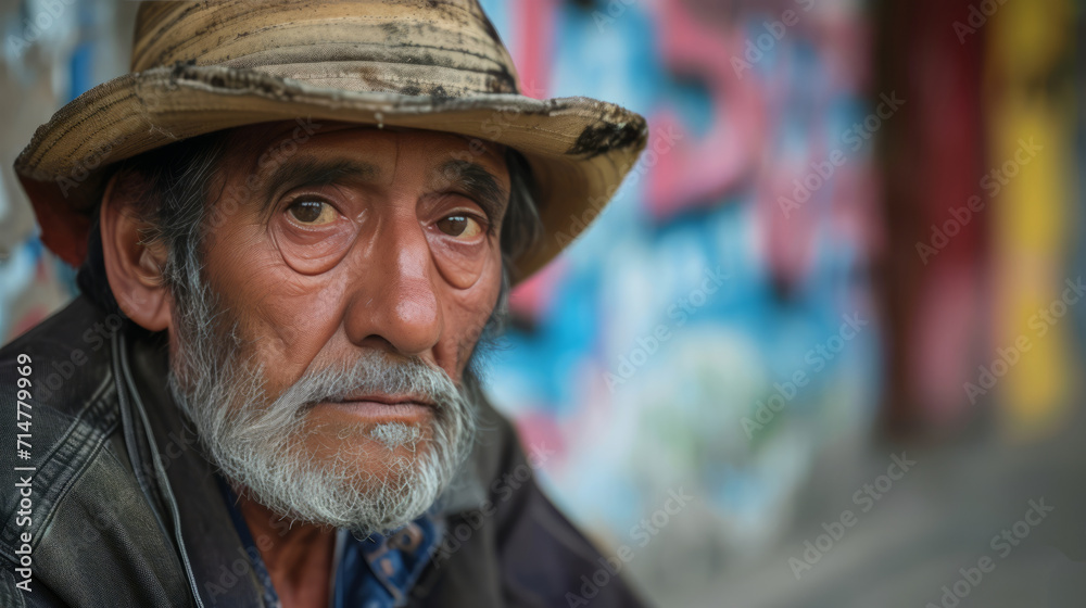 old man with a hat colorful graffiti wall blurred in the background.
