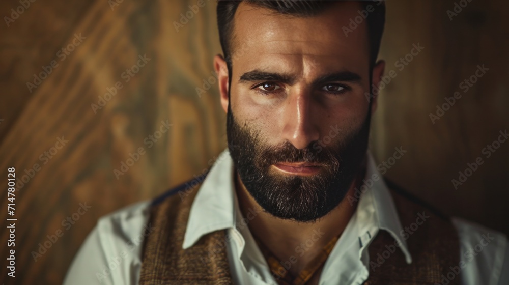 man wearing a white shirt and patterned vest against a wooden background. facing the camera with confidence. man wearing a white shirt and patterned vest against a wooden background. facing the camera with confidence.