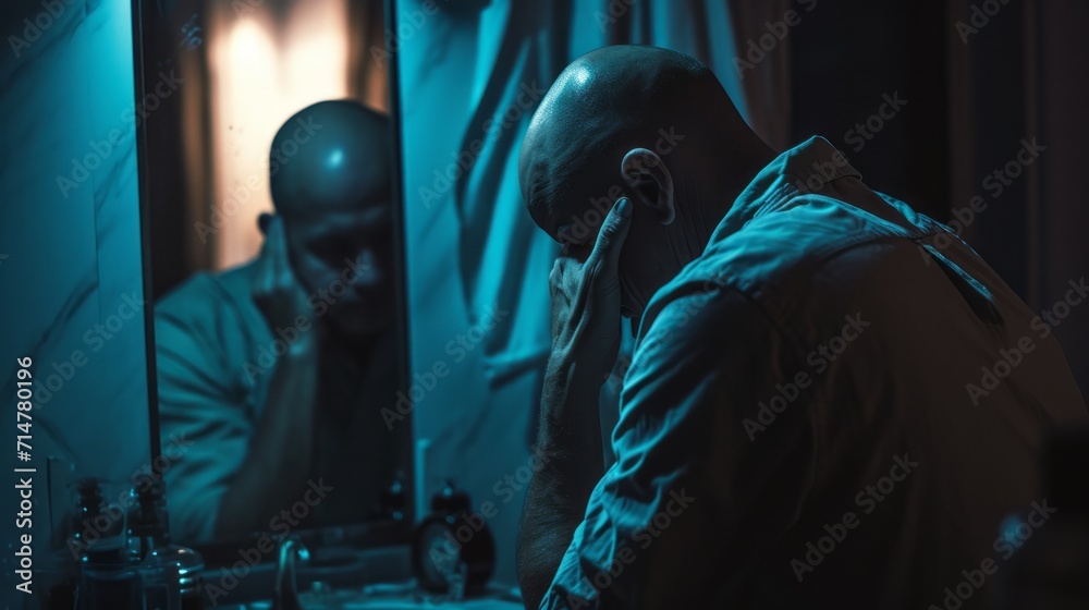 distress bald man sitting in front of a mirror facing mental illness, alzheimer, dementia, depression, grief distress bald man sitting in front of a mirror facing mental illness, alzheimer, dementia, depression, grief
