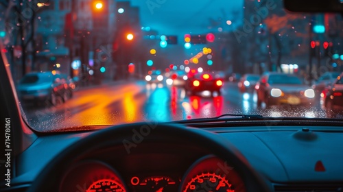 a car dashboard with a speedometer and a city street at night time photo