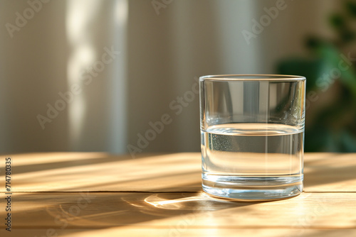 Half-full, Half-empty glass on the wooden table in sunlight, optimism versus pessimism mindset photo