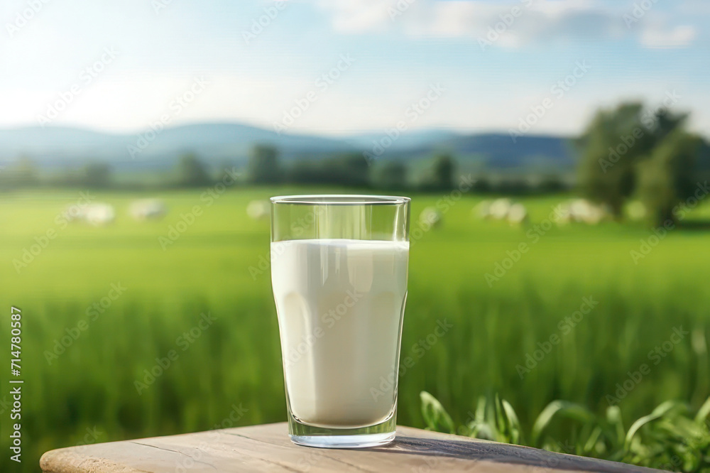 A glass of milk against a background of green meadow and mountains. AI generative. A glass of milk against a background of green meadow and mountains. AI generative.