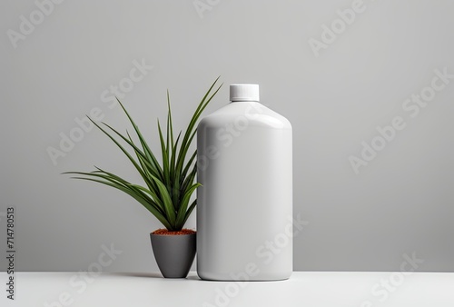 A mockup featuring an empty white dispenser bottle set on a white table counter with a marble background, ideal for cosmetic product display and branding.