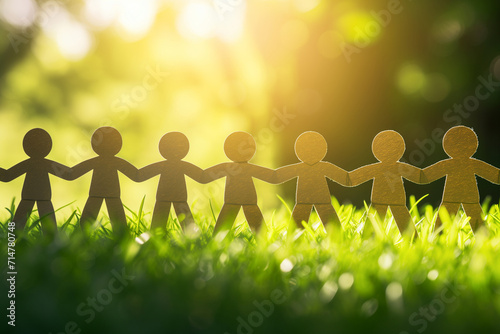 Paper human chain holding hands together and standing on the green grasses in the forest, CSR, team, people, and environment concept