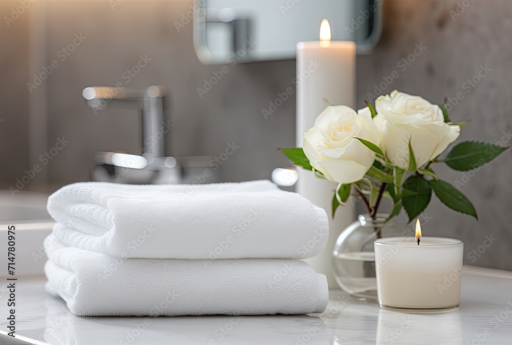 A spa center setting with neatly arranged towels, herbal bags, and various beauty treatment items, creating a serene and inviting atmosphere.