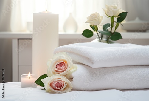 A spa center setting with neatly arranged towels  herbal bags  and various beauty treatment items  creating a serene and inviting atmosphere.