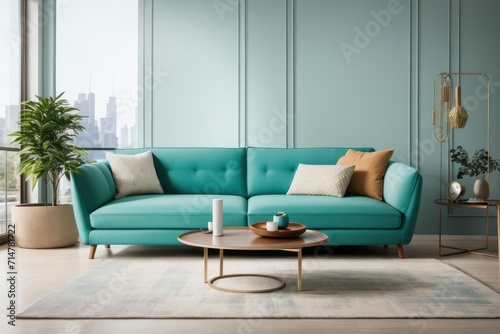 Interior home design of modern living room with turquoise sofa  furniture and houseplants near the window