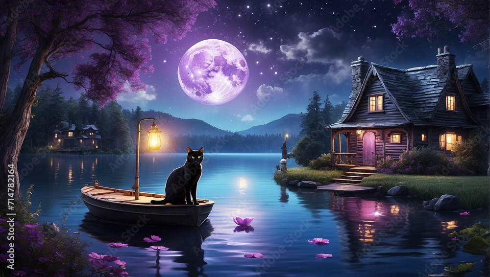 cat midnight blue  with moon background 