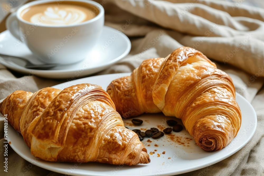 Morning Delights - A Close-Up of Flaky Croissants and Coffee Morning Delights - A Close-Up of Flaky Croissants and Coffee