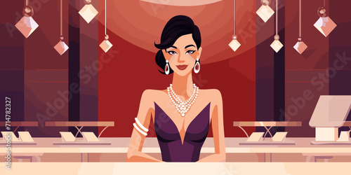 Woman wearing jewelry greets customers in luxurious store
