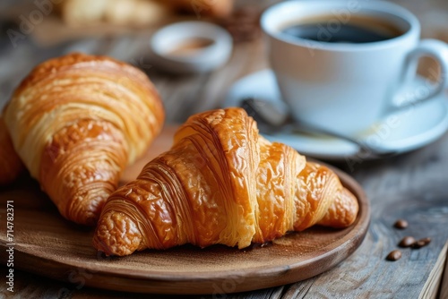 Morning Delights - A Close-Up of Flaky Croissants and Coffee