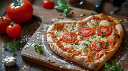 Pizza heart shaped with tomatoes, mozzarella, garlic and parsley on vintage wooden table background. Concept of romantic love for Valentines Day