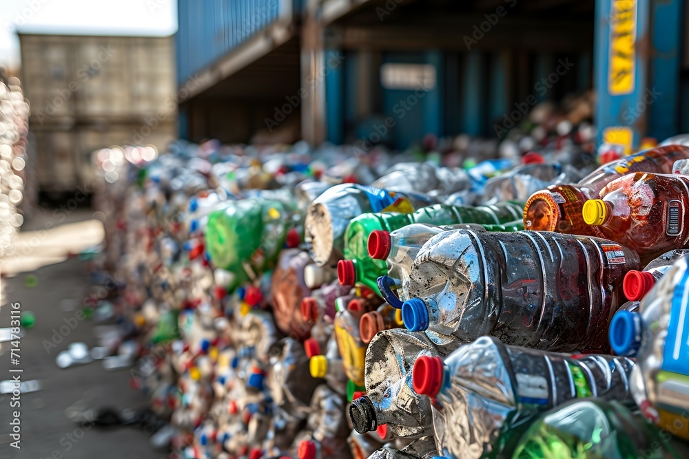 Fototapeta premium Bales of compacted mixed recyclables awaiting processing