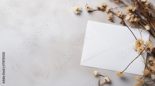 Greeting card Mockup. White blank of paper decorated with flowers. Spring, summer, autumn season. Background for printable art. Envelope, wedding, birthday invitation, postcard, Generative ai content
