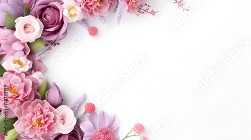 Pink and purple flowers on white background. Flat lay  top view  copy space