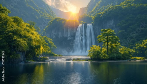 Waterfall and River in Forest Background photo