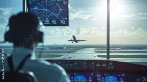 管制塔から離陸中の旅客機を監視する管制官
 photo