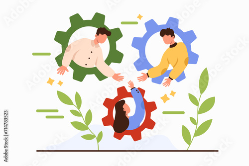 Solidarity, support and union of employees, incentive to work as strong dedicated team. Colleagues inside gears meeting hands together, teamwork of united tiny people cartoon vector illustration