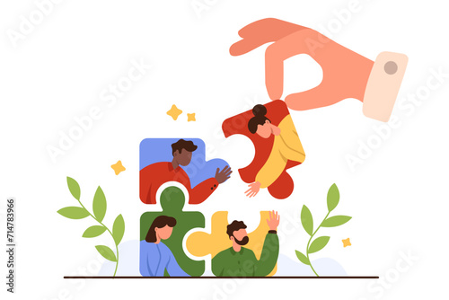 Organization of strong team, introduction of new employee. Giant hand of employer or boss holding puzzle piece with portrait of woman to put into group to complete jigsaw cartoon vector illustration