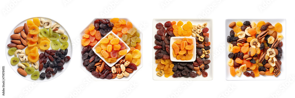 Set of dried fruits on square plate top view isolated on a transparent background - obrazy, fototapety, plakaty 