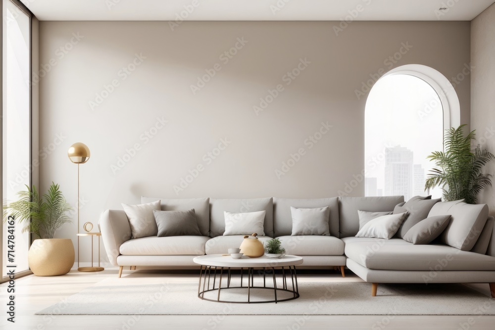 Fototapeta premium Interior home design of modern living room with gray sofa and round table with blank beige stucco wall mockup