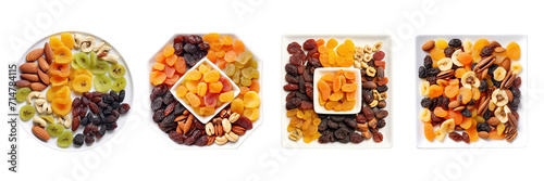 Set of dried fruits on square plate top view isolated on a transparent background photo