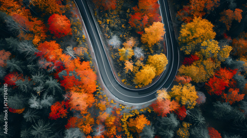 Winding forest asphalt road on colorful autumn day from above  