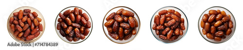 Collection bowl of dried date fruits isolated on a transparent background, top view