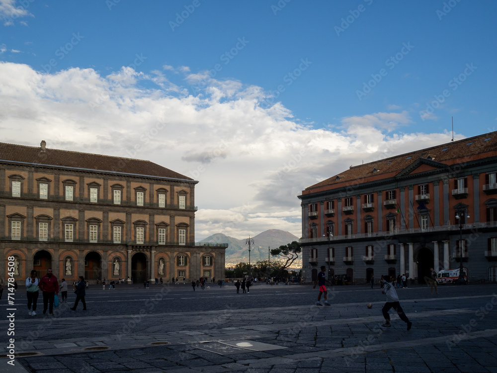 Piazza del Plebiscito wiht Mount Vesuvius in background, Naples