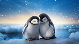 Penguin couple on the ice with snowflakes.