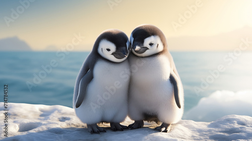 Cute two baby penguins on a beach in front of the ocean.