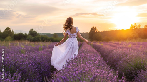Summer and Spring concept. Female Model Walking Through Lavender Field White Dress Sunset Romance Love. Copy paste area for texture