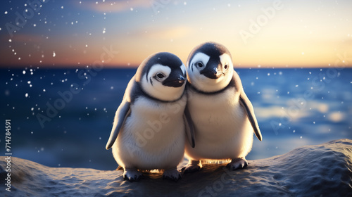 Cute penguins on a rock at sunset.