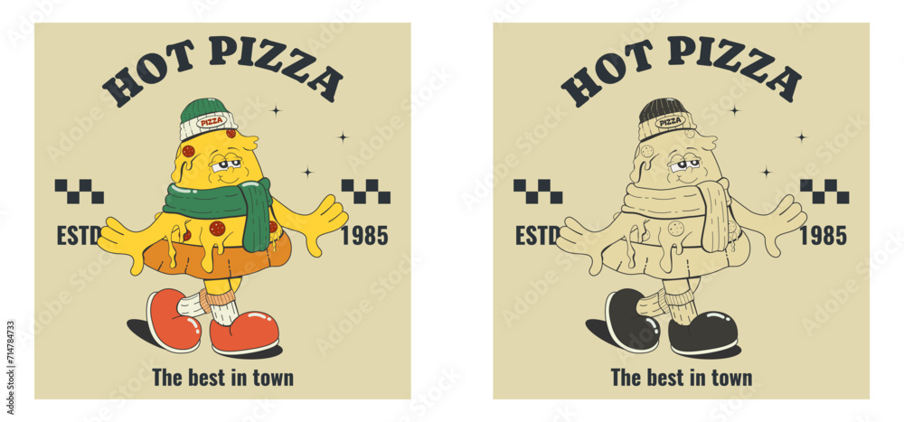 Pizza mascot vintage design. Poster, sticker, print, logo for a restaurant, menu, cafe,pizzeria with a cartoon, cool pizza happily walking in a hat and scarf.Vector illustration in retro style 60s-70s