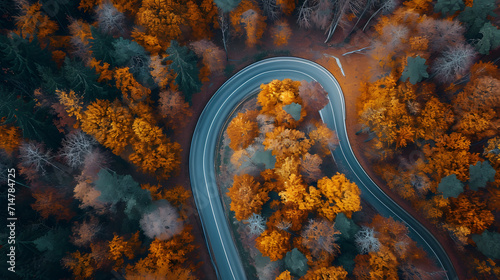Winding forest asphalt road on colorful autumn day from above   © Yi_Studio