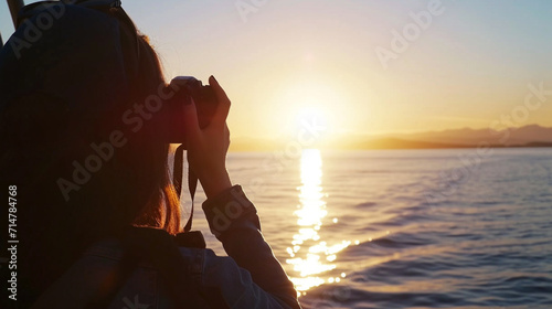 Summer and Spring concept. Girl Photographing Sunset From Sailing Ferry. Motivational Photography. Slow Motion. Copy paste area for texture 
