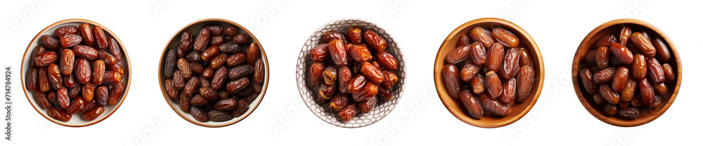 Collection bowl of dried date fruits isolated on a transparent background, top view - obrazy, fototapety, plakaty 