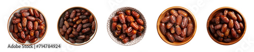 Collection bowl of dried date fruits isolated on a transparent background, top view photo