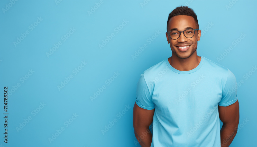 African american man waring blue t-shirt and glasses isolated on blue background - obrazy, fototapety, plakaty 