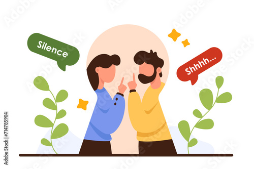 Shut mouth, stop talk gestures from couple, secrecy. Man and woman in keyhole of door showing index fingers to ask hush and secret, Shhhh and Silence text in speech bubbles cartoon vector illustration photo